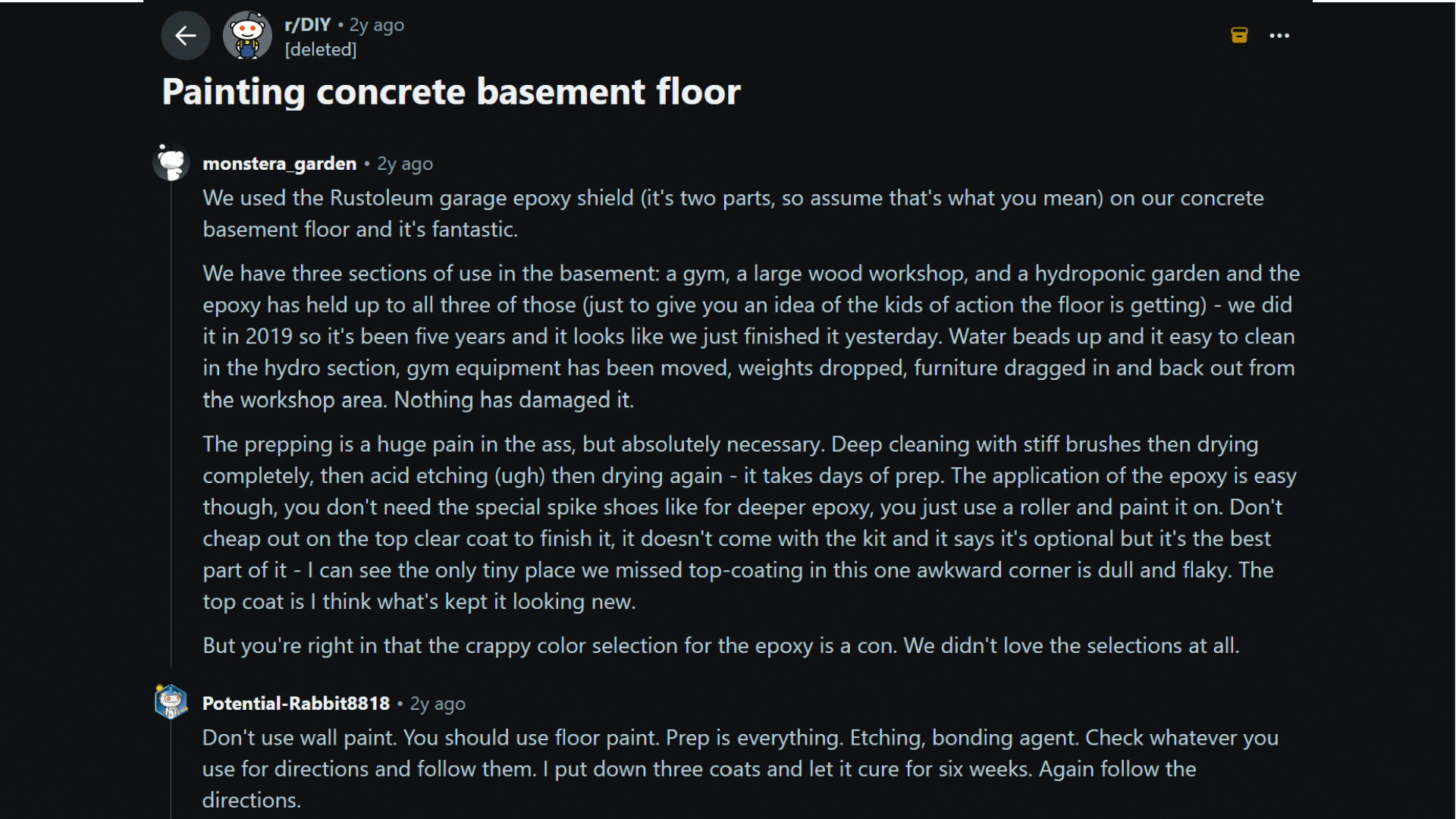 reddit discussion about painting concrete basement floor with epoxy coating advice and preparation tips