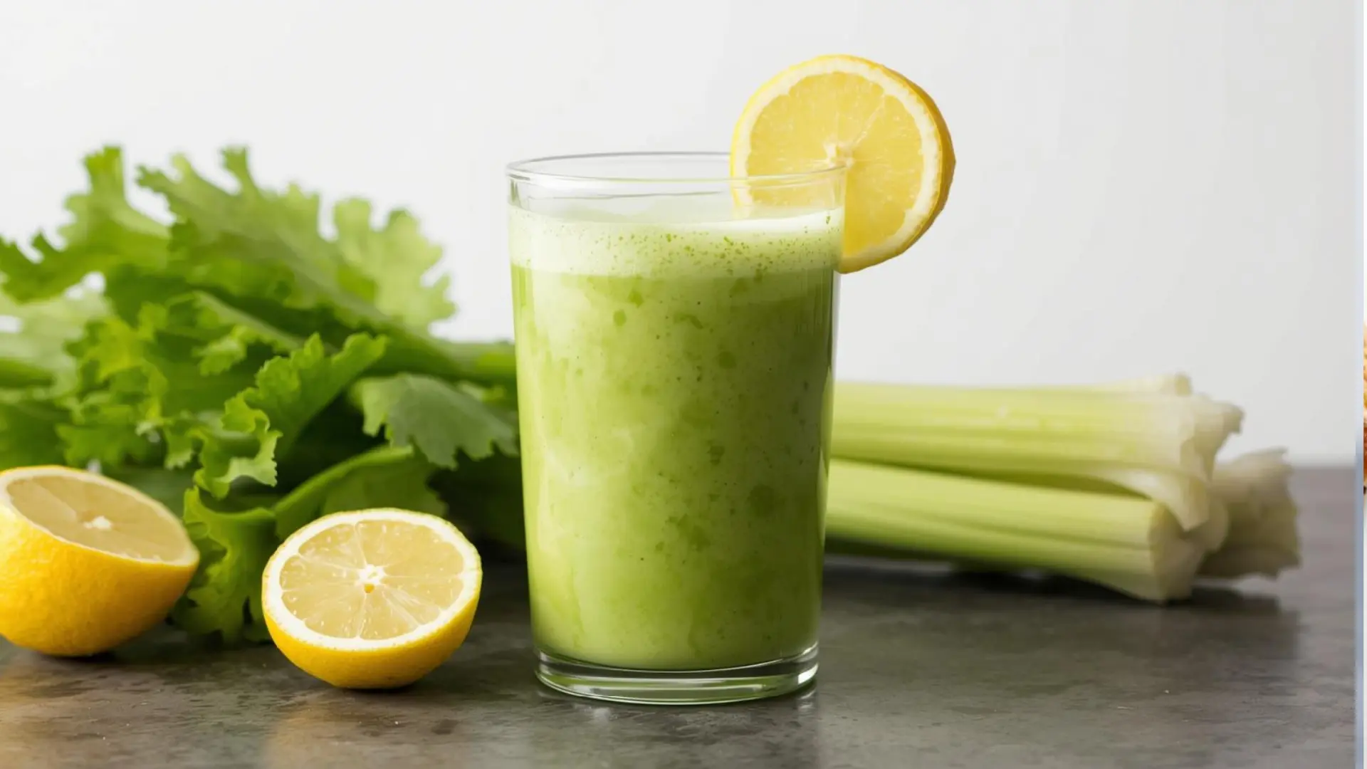 refreshing green smoothie in a glass garnished with a lemon slice, surrounded by fresh celery stalks and halved lemons on a gray surface