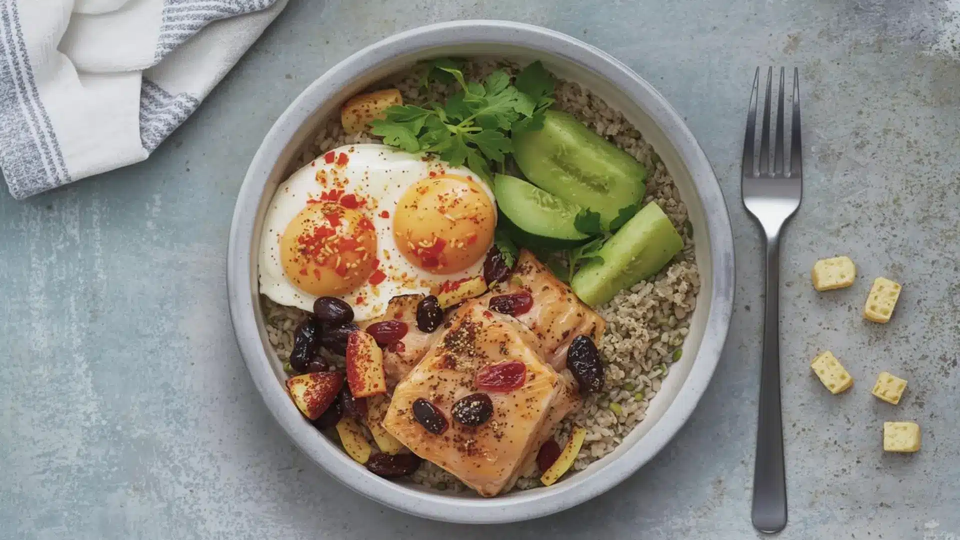 rice bowl with grilled chicken egg avocado and fruit served as a simple balanced meal