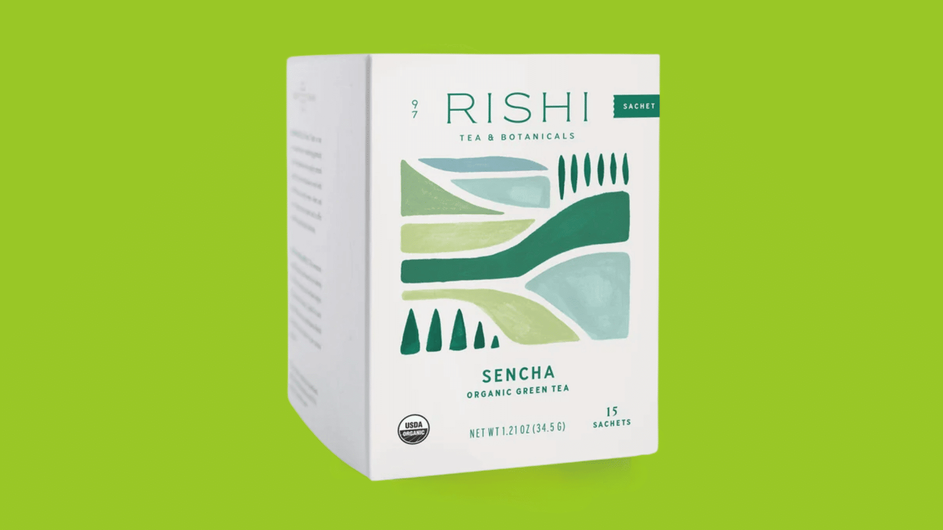 rishi organic sencha green tea sachet box with minimalist green artwork on a plain white background