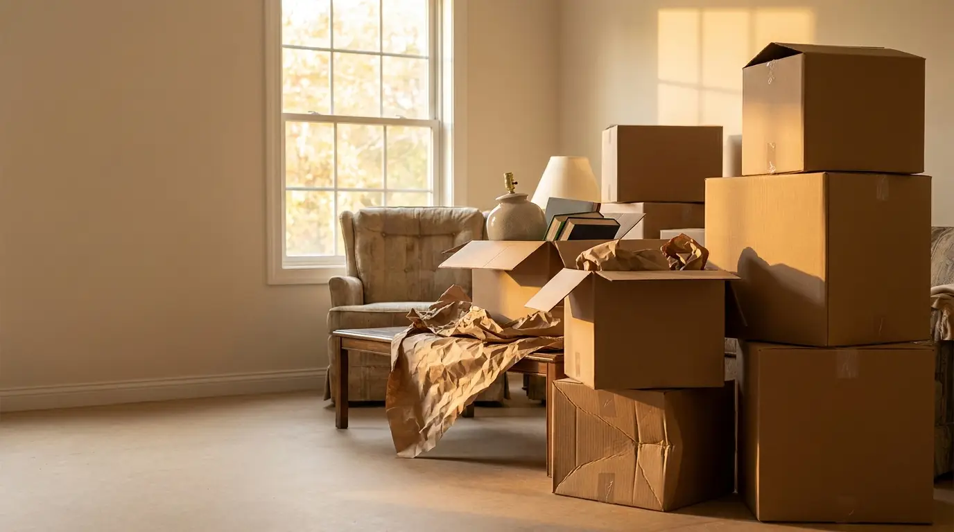 Cardboard boxes and crumpled paper in sunlit room with armchair and table