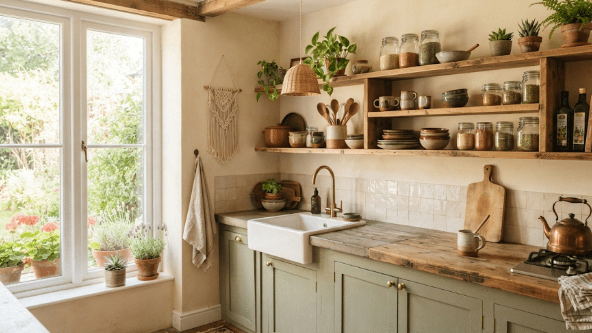 rustic kitchen with wooden shelves farmhouse sink plants and natural decor creating a warm cozy cooking space
