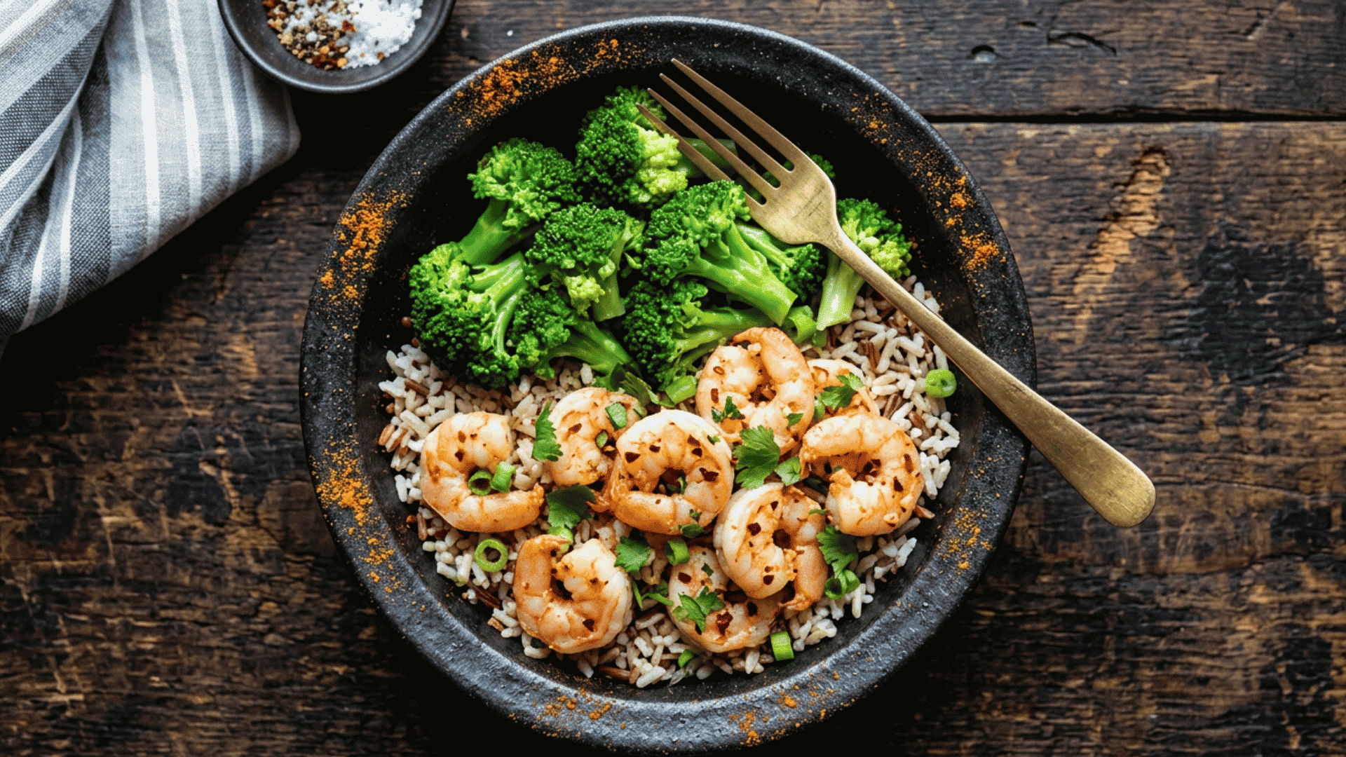 shrimp rice bowl with broccoli and herbs served in a dark plate on a rustic wooden table