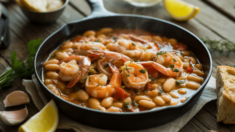 shrimp and beans skillet with white beans herbs and sauce served in a black pan with lemon garnish