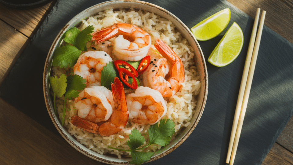 shrimp and rice bowl topped with herbs and chili slices served with lime wedges on a dark table setting