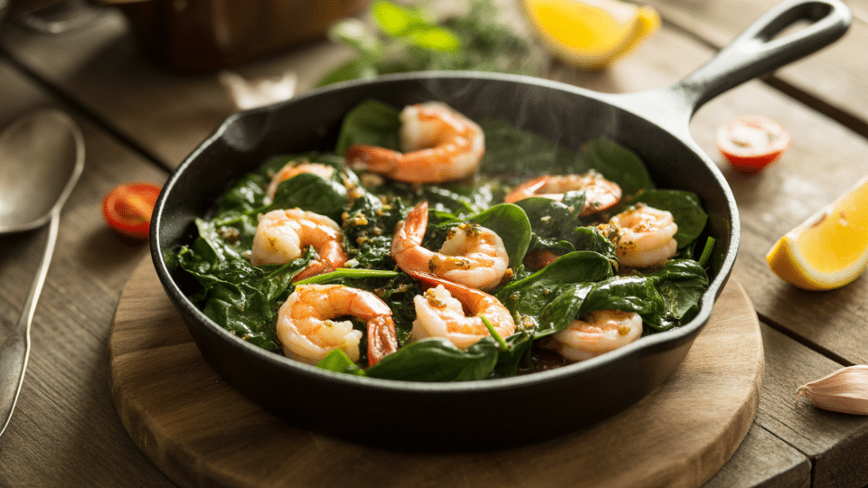 shrimp and spinach skillet with garlic herbs and greens served in a black pan on a wooden board