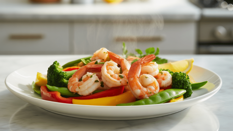 shrimp and vegetables with broccoli peppers and snap peas served on a white plate in a bright kitchen setting
