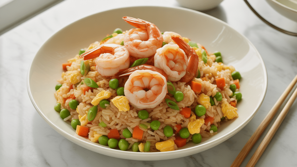 shrimp fried rice with vegetables eggs and green onions served in a white bowl on a marble surface