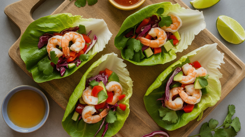 shrimp lettuce wraps with fresh vegetables and herbs served on a wooden board with dipping sauces and lime