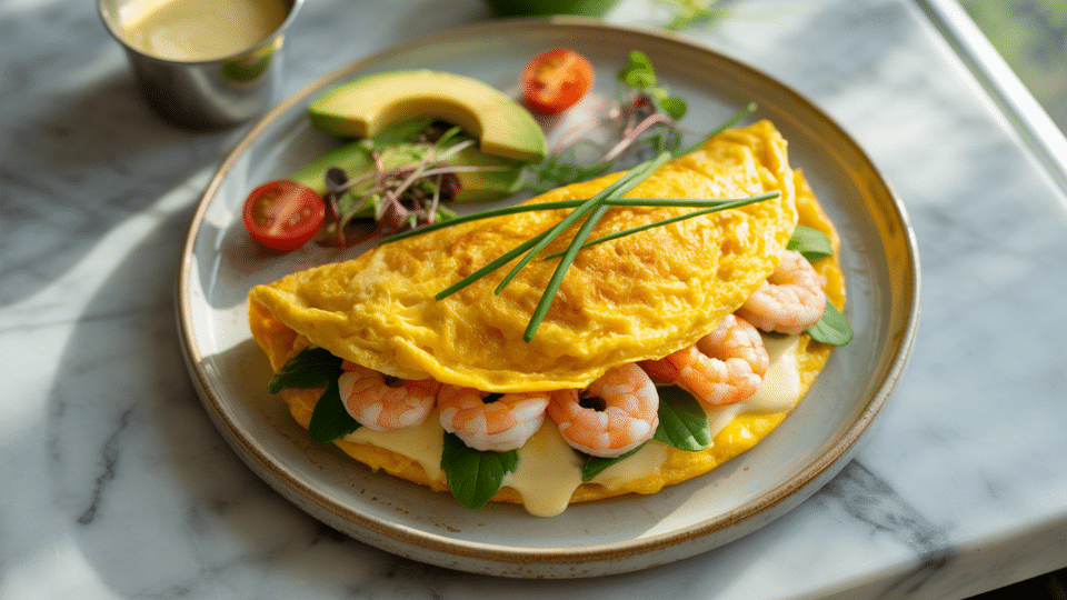 shrimp omelet with fresh greens avocado and tomatoes served on a ceramic plate in a bright kitchen setting