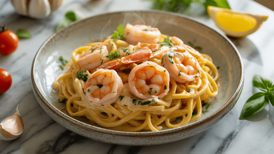 shrimp pasta with creamy sauce and herbs served on a plate with lemon and garlic garnish