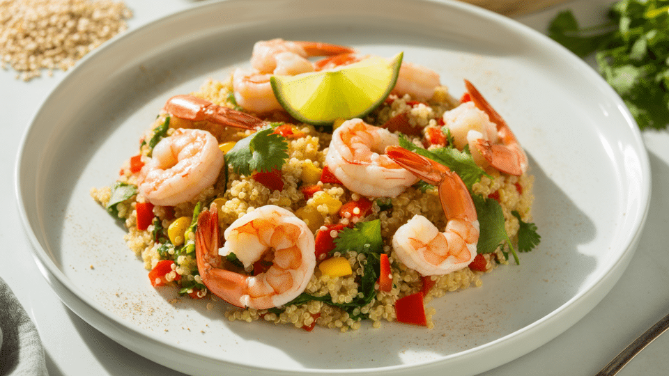 shrimp quinoa bowl with vegetables cilantro and lime served on a white plate in a bright setting