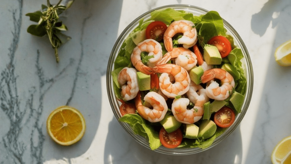 shrimp salad with avocado tomatoes and leafy greens served in a glass bowl with lemon slices