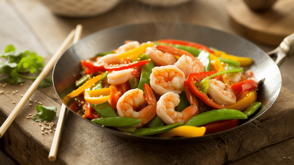 shrimp stir fry with colorful bell peppers and vegetables served in a bowl on a rustic kitchen table