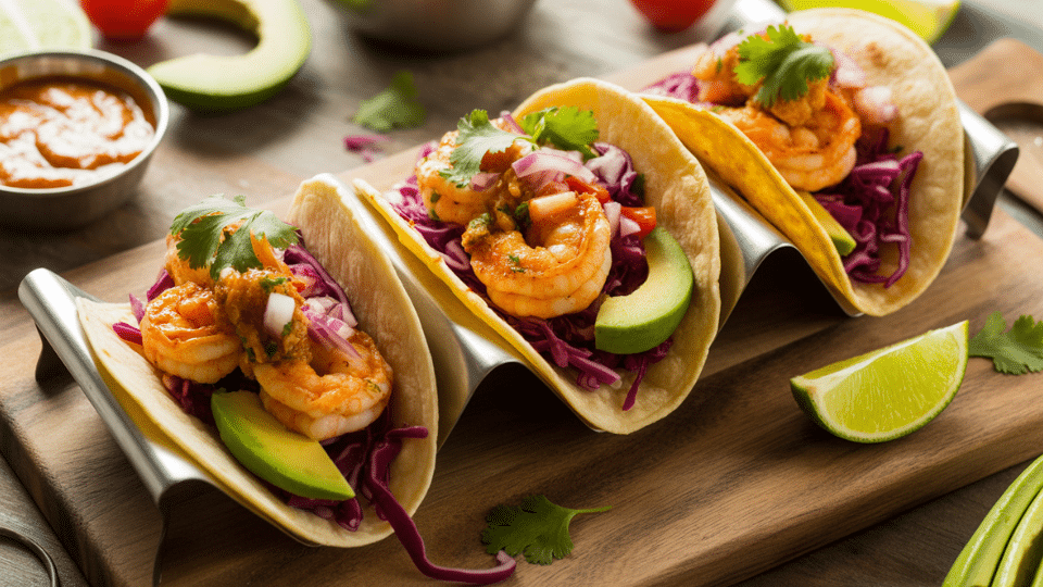 shrimp tacos with cabbage avocado and cilantro served in soft tortillas on a wooden board