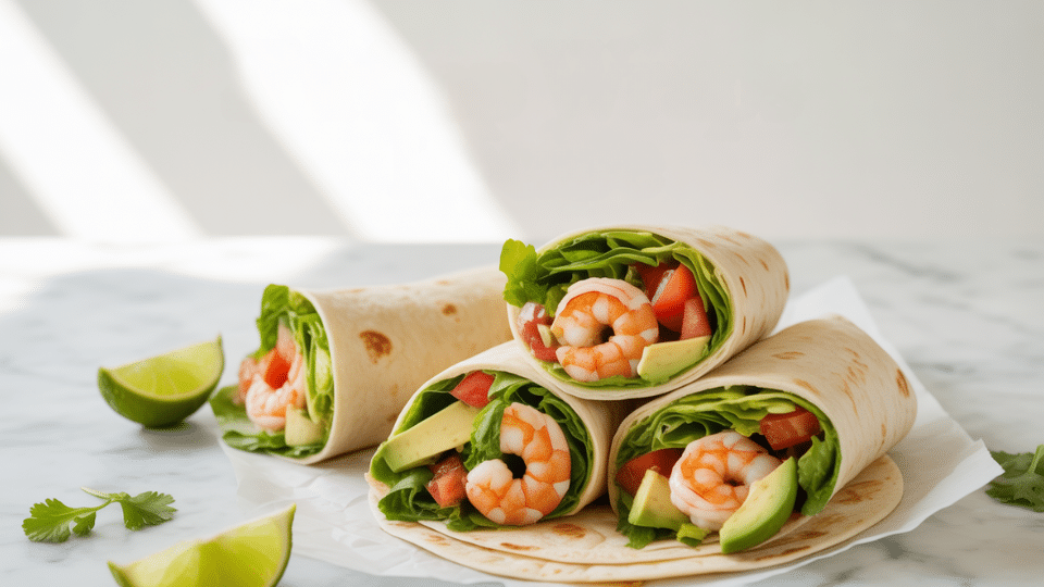 shrimp wraps with lettuce avocado and tomatoes rolled in tortillas served with lime wedges on a white surface