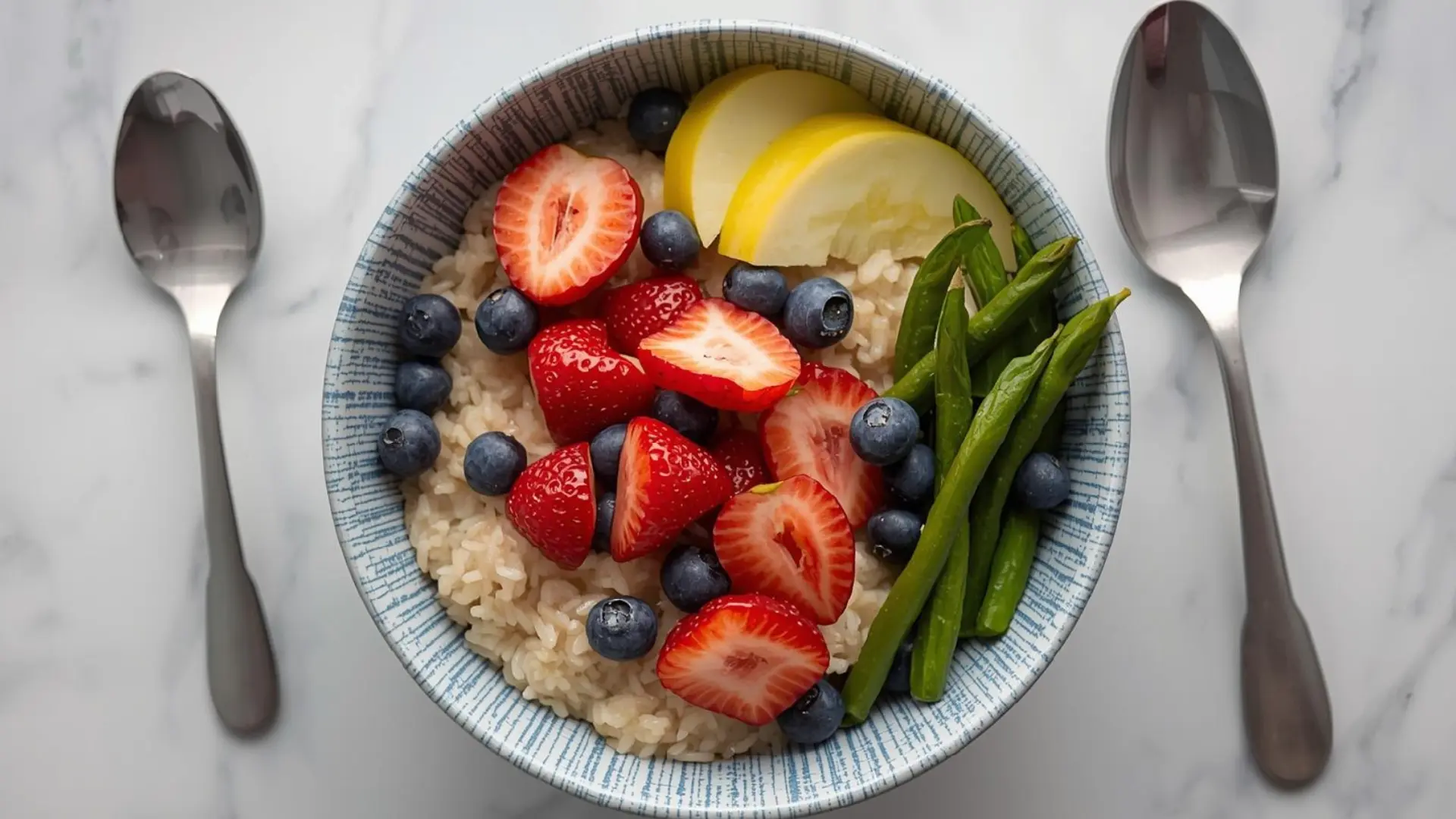 simple breakfast bowl with oats strawberries blueberries and green beans served with spoon and fork