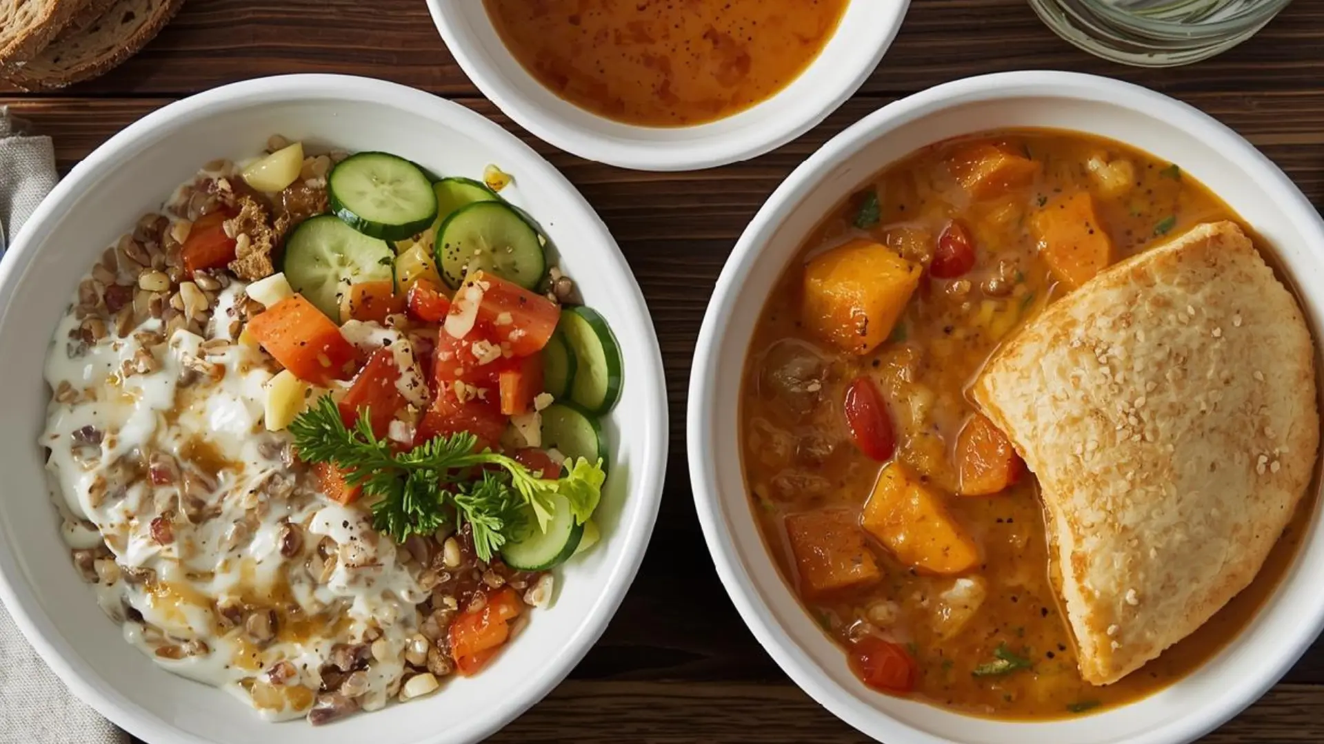 simple reflux friendly lunch with rice cucumber soup and flatbread served in a warm meal bowl