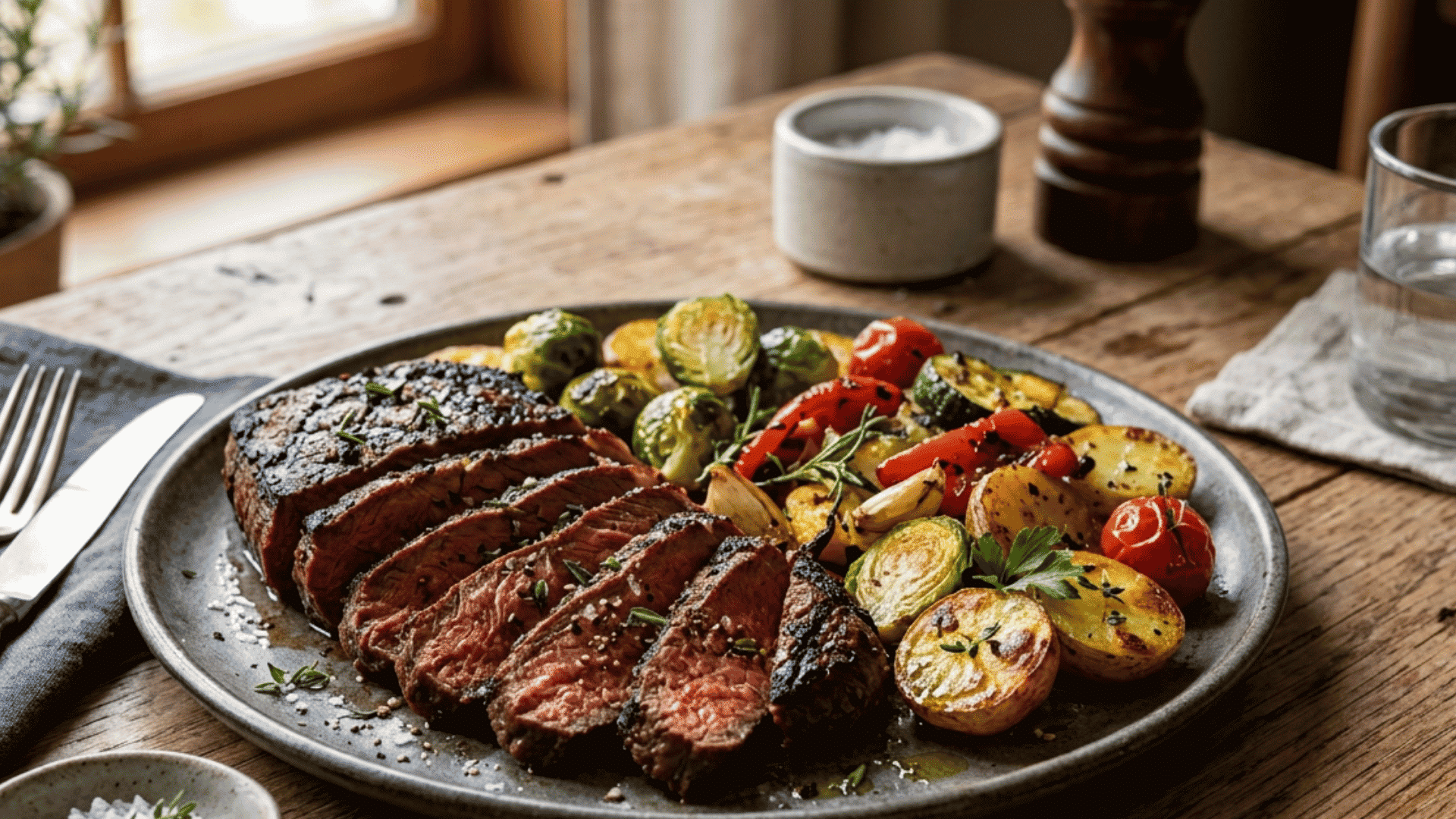 sliced bison steak served with roasted vegetables potatoes and fresh herbs on a plate