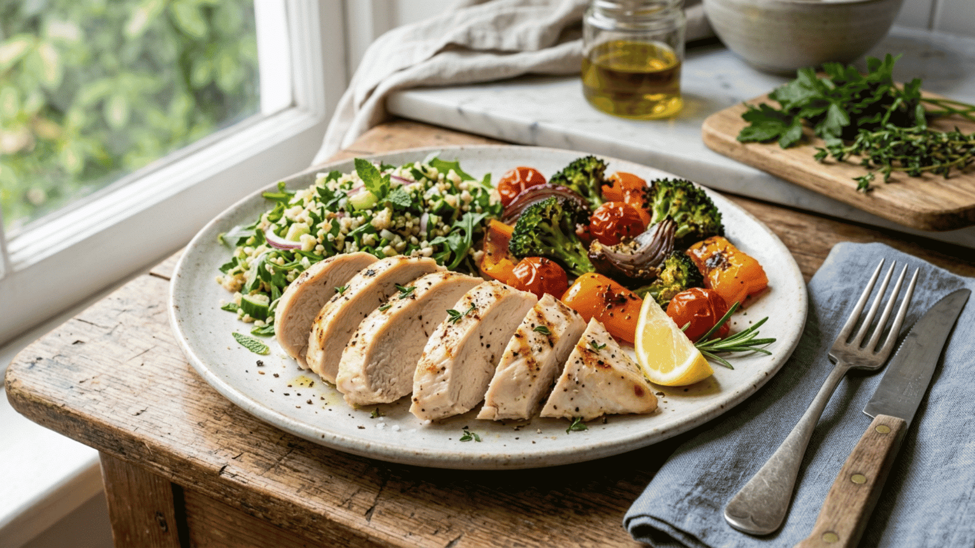sliced grilled chicken breast served with roasted vegetables quinoa salad and lemon garnish on plate