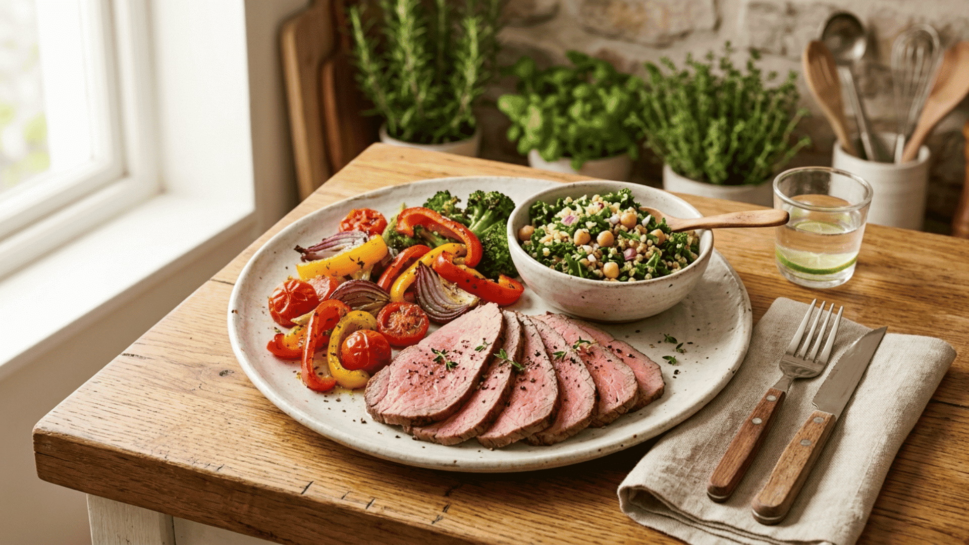 sliced lean beef served with roasted vegetables chickpea salad and herbs on a plate