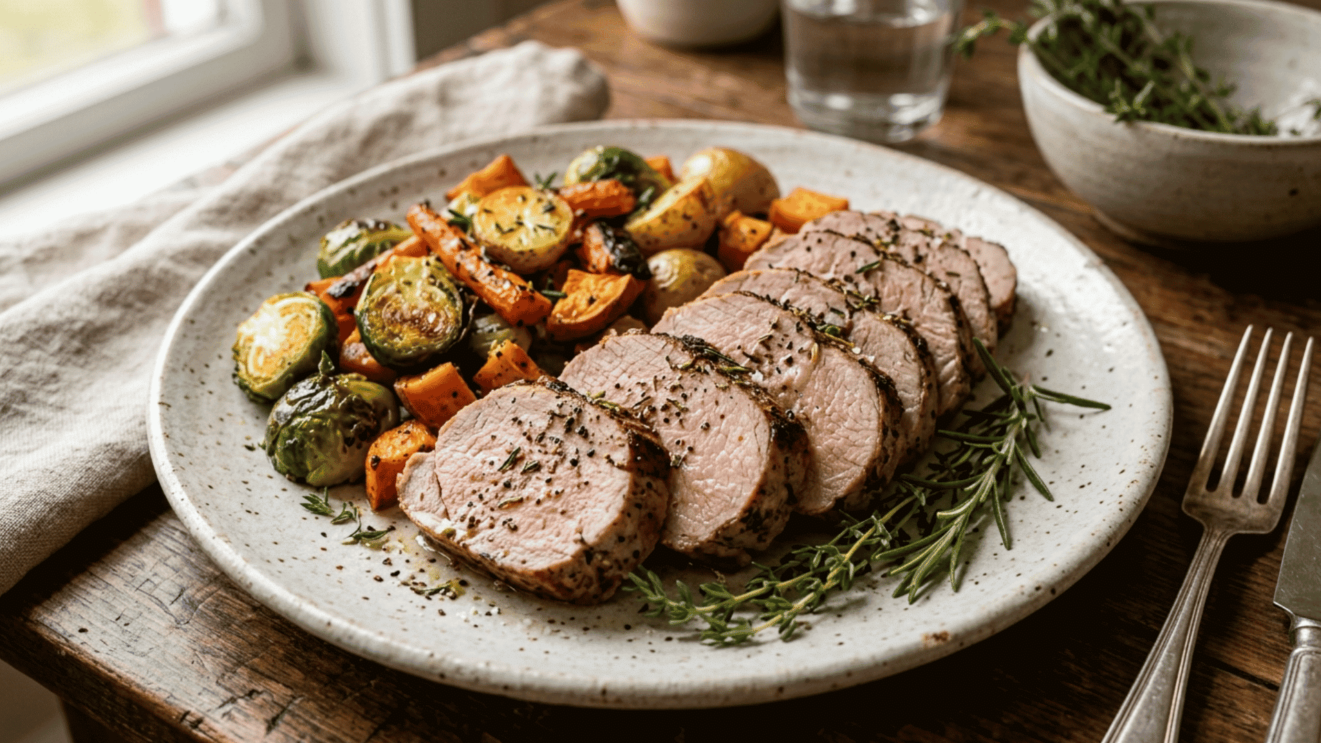 sliced pork tenderloin served with roasted vegetables herbs and seasoning on a white plate