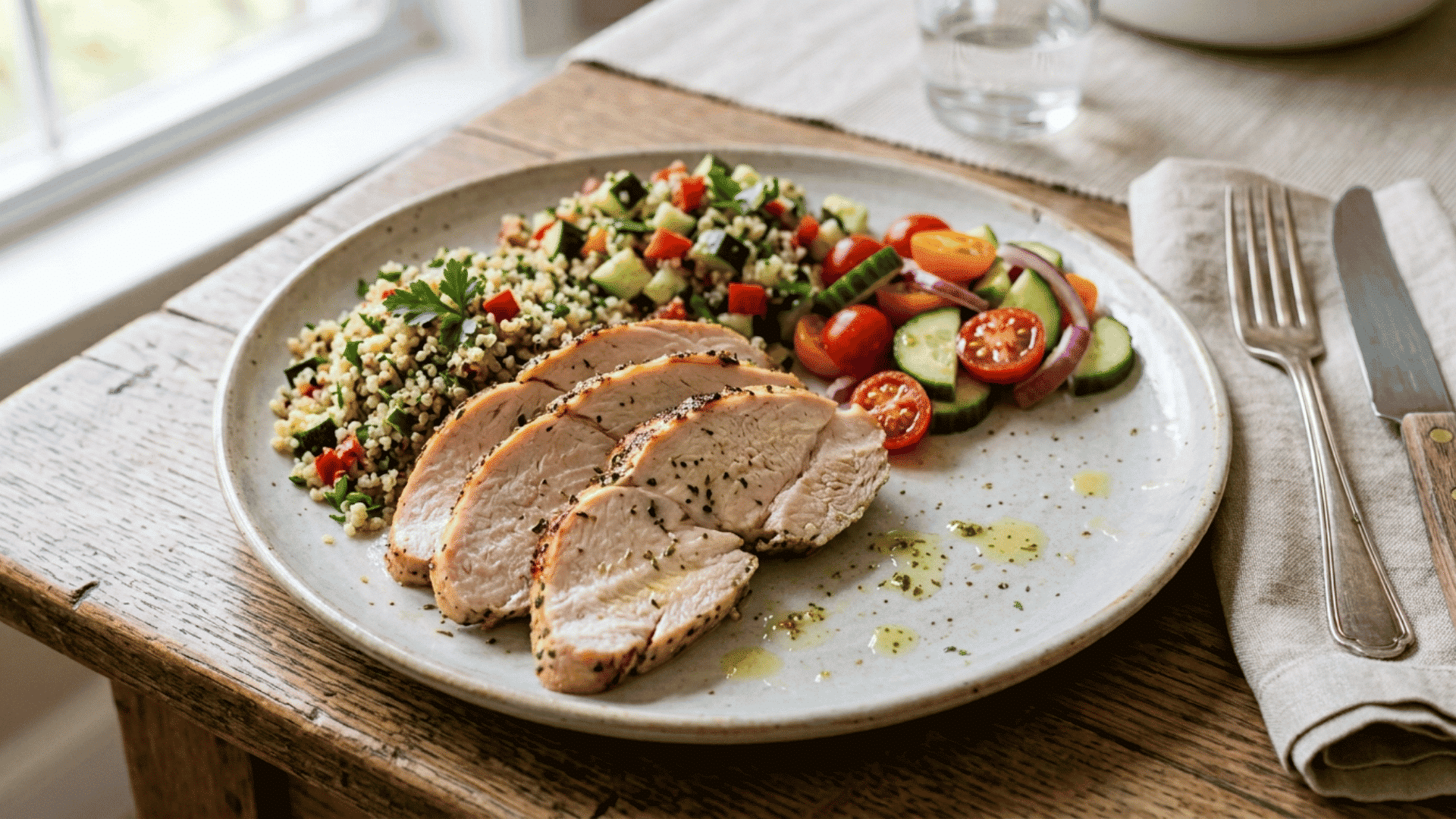 sliced turkey breast served with quinoa salad fresh vegetables and herbs on a plate