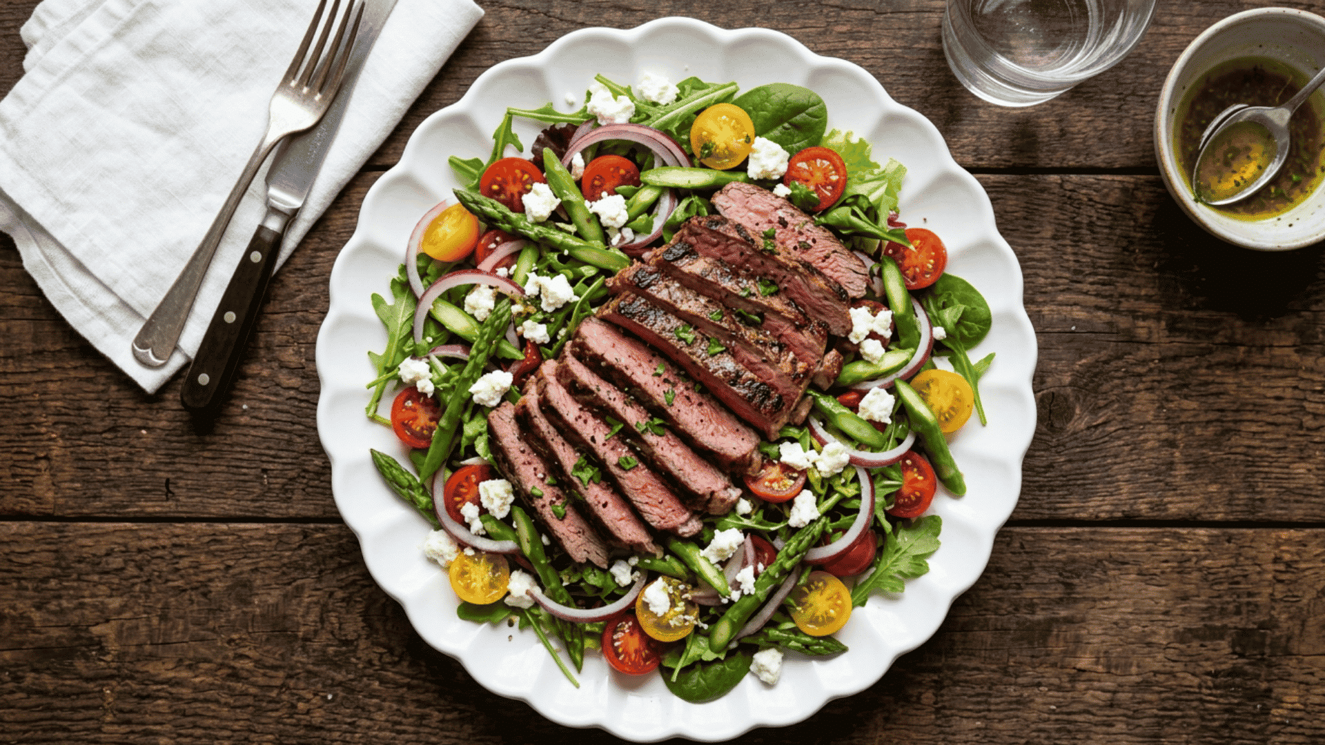 sliced venison steak served over fresh green salad with tomatoes asparagus and herbs on a plate