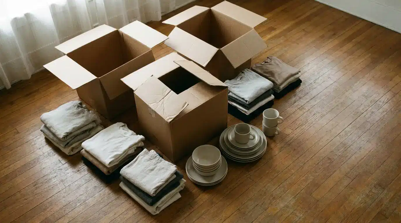 Cardboard boxes with folded clothes and stacked dishes on wooden floor in sunlit room