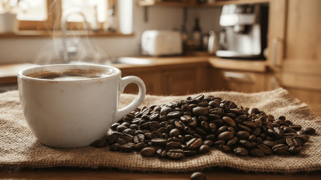 steaming cup of freshly brewed coffee beside roasted coffee blend beans on burlap in a cozy kitchen setting