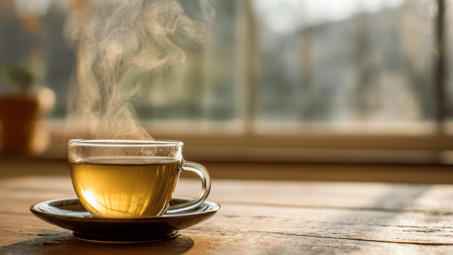 steaming cup of decaffeinated green tea on a wooden table with soft natural light in the background