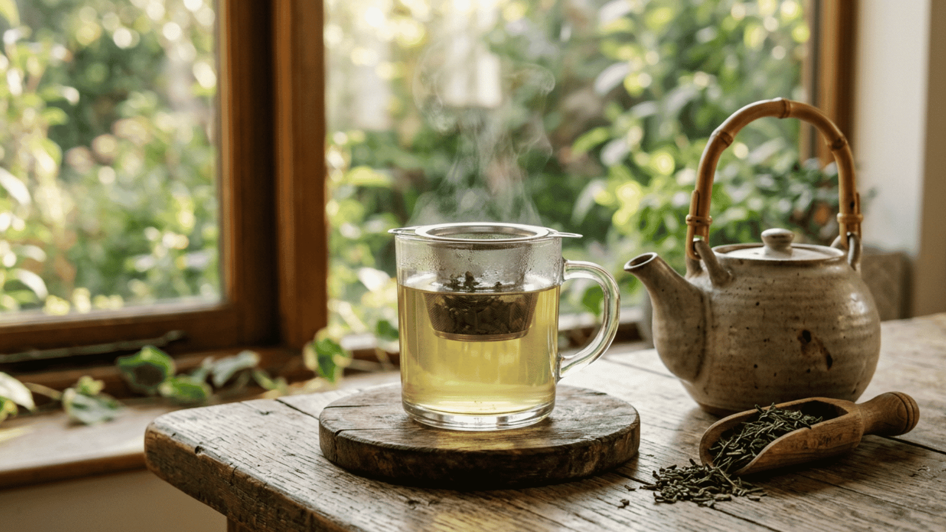 steaming cup of green tea with loose leaves and teapot on a wooden table near a bright window