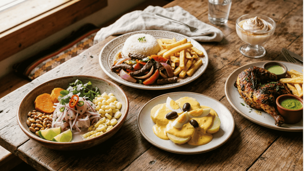 Traditional Peruvian dishes including ceviche, lomo saltado, papas a la huancaína, and pollo a la brasa on a table.
