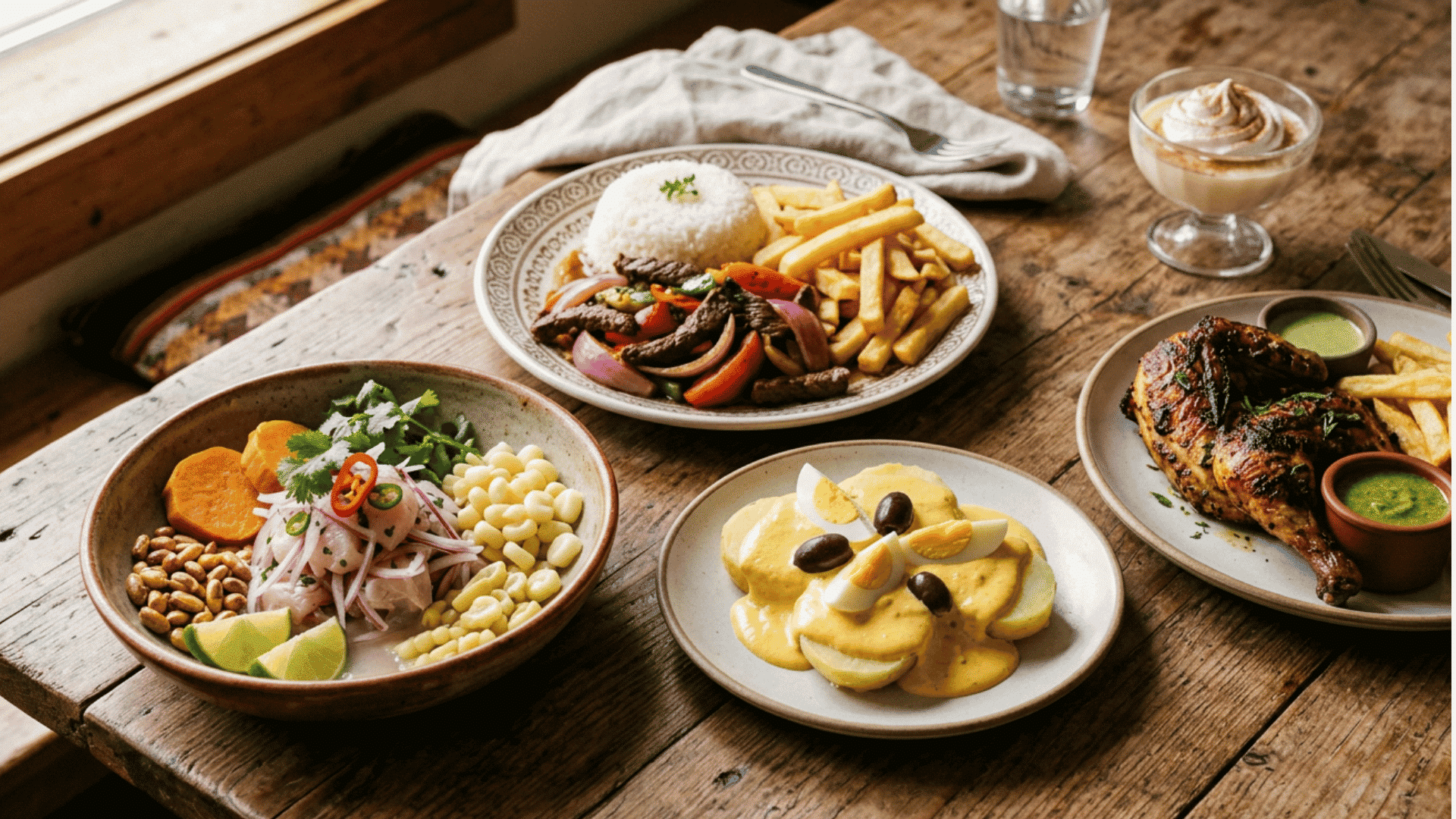 Traditional Peruvian dishes including ceviche, lomo saltado, papas a la huancaína, and pollo a la brasa on a table.