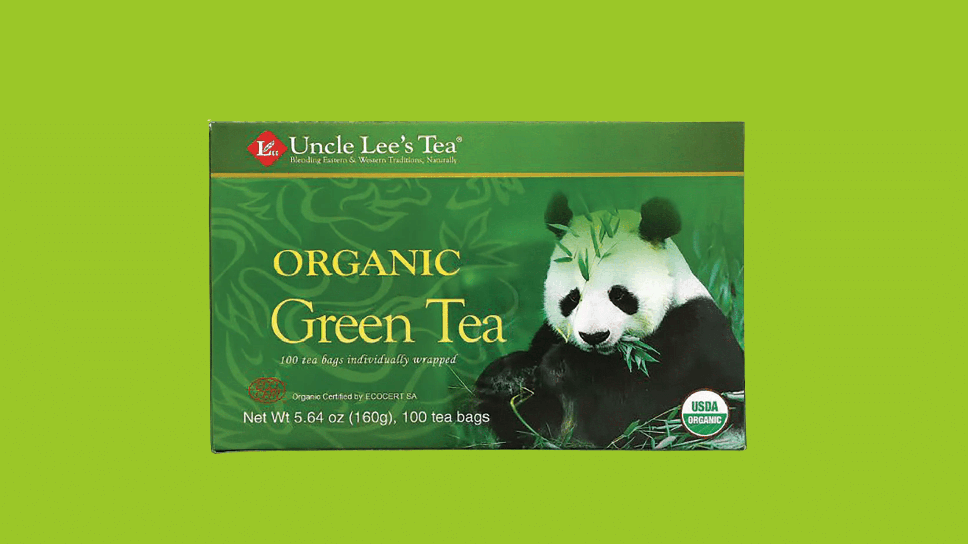 uncle lees organic green tea showing the branded green tea packaging for everyday enjoyment