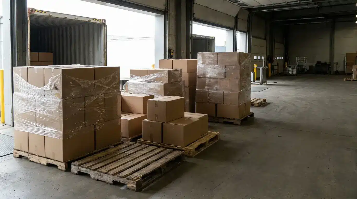 Pallets of cardboard boxes in a warehouse near open shipping dock doors