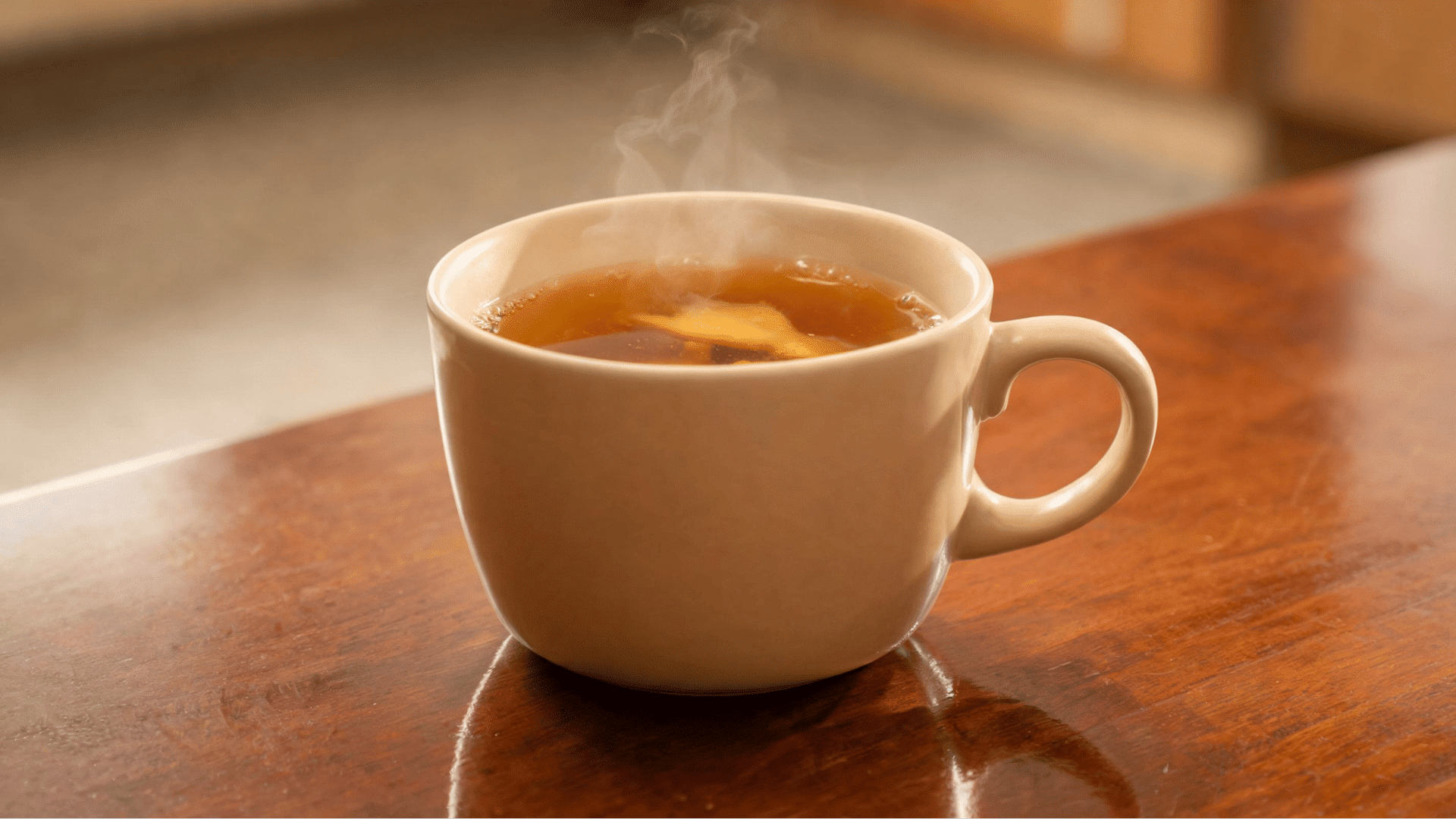 Warm ginger tea in a cup representing a soothing beverage option for digestive comfort and heartburn relief.