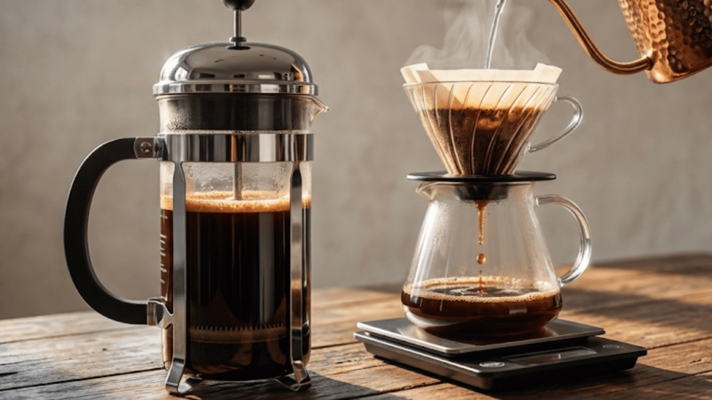 water being poured from a copper kettle through a paper filter into a glass carafe beside a french press on a wooden table