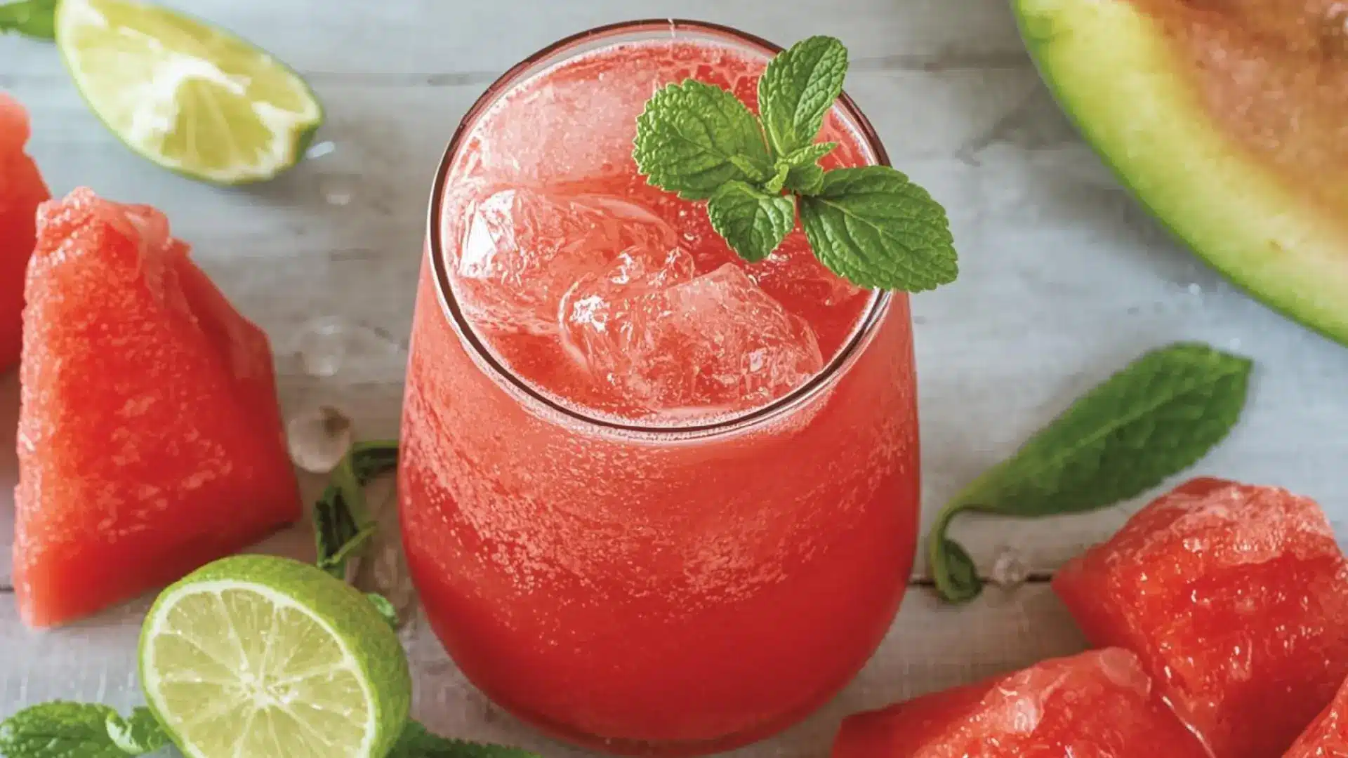 watermelon lime juice with mint ice and fresh watermelon pieces on a light surface