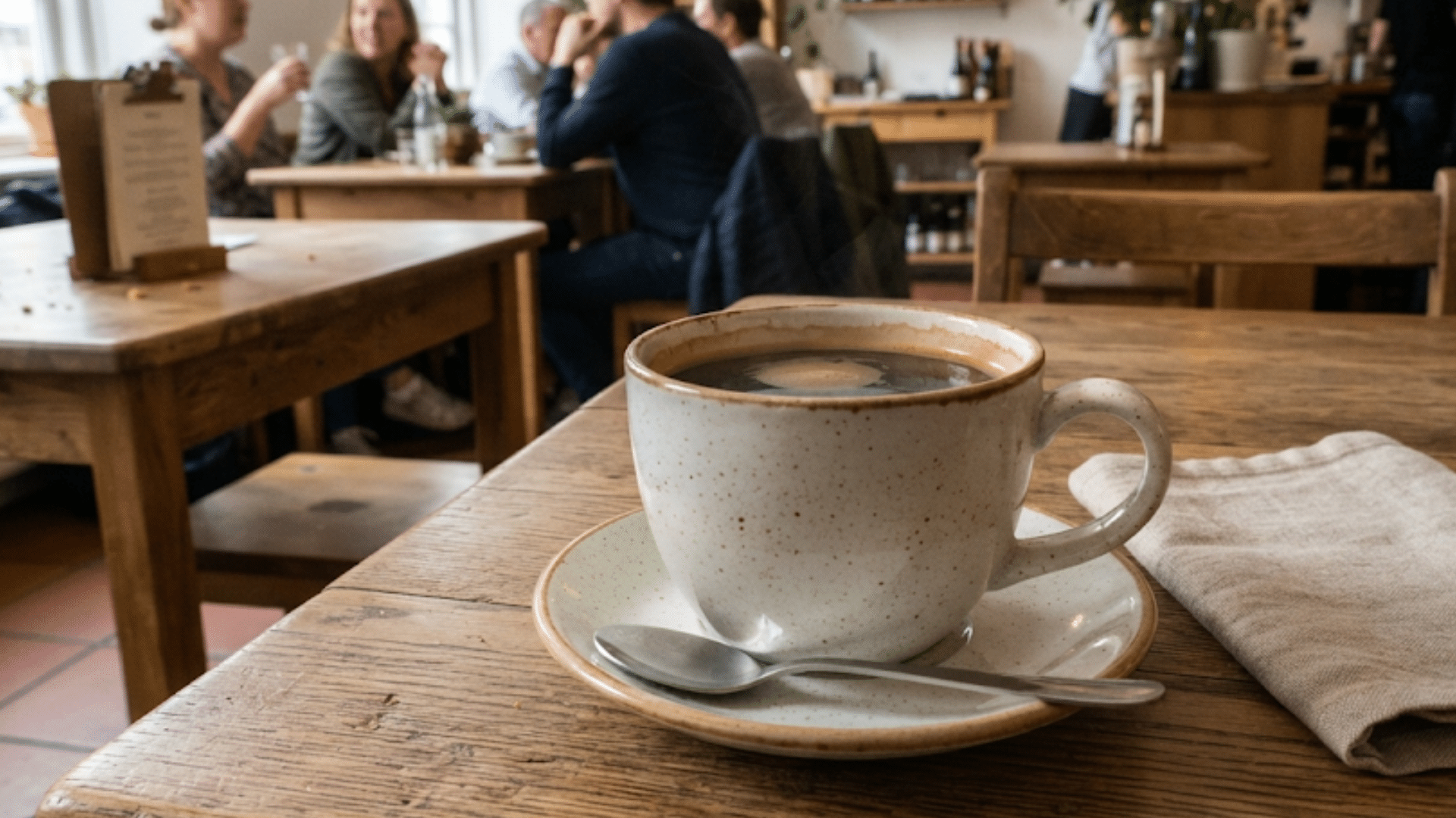 white coffee cup on wooden cafe table with spoon and blurred people in background creating cozy atmosphere