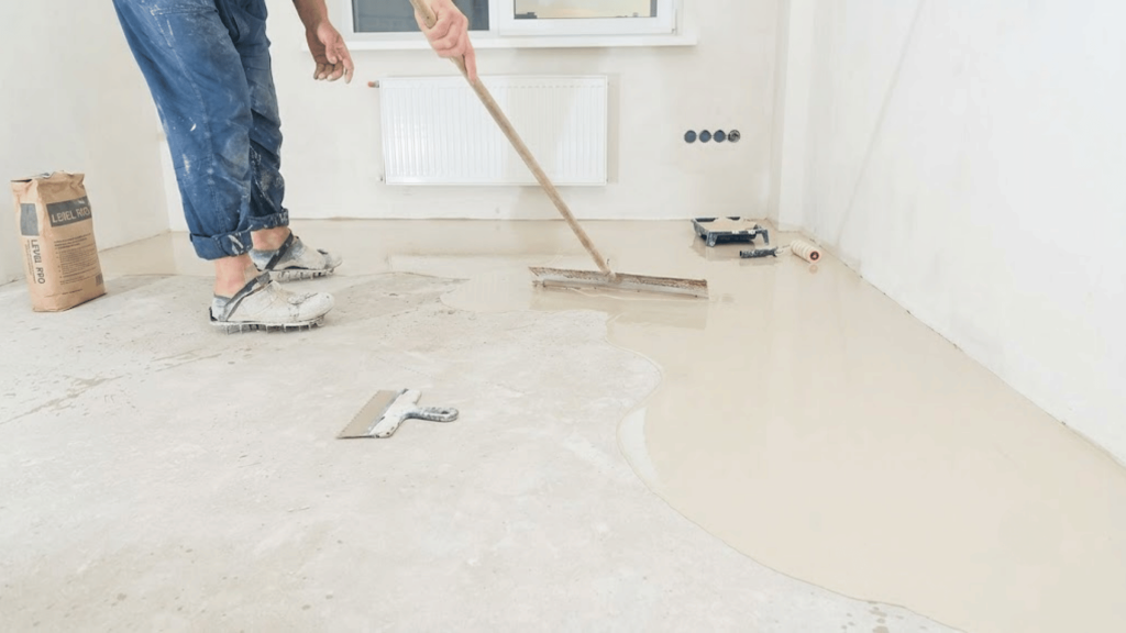 worker spreading self leveling concrete across a floor with a long handled squeegee inside a room during renovation work