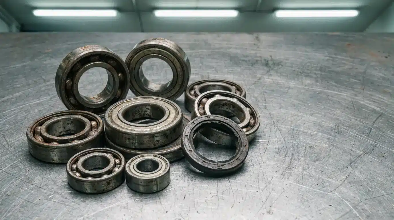 Assorted rusty ball bearings arranged on scratched metal surface in industrial setting