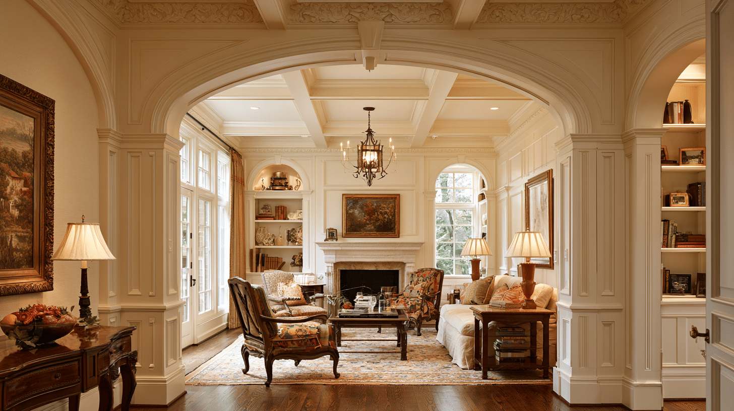 maximalist room featuring decorative molding arches and architectural details