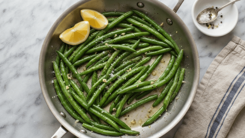 green beans cooked with garlic lemon and seasoning in a skillet for a simple low carb side dish