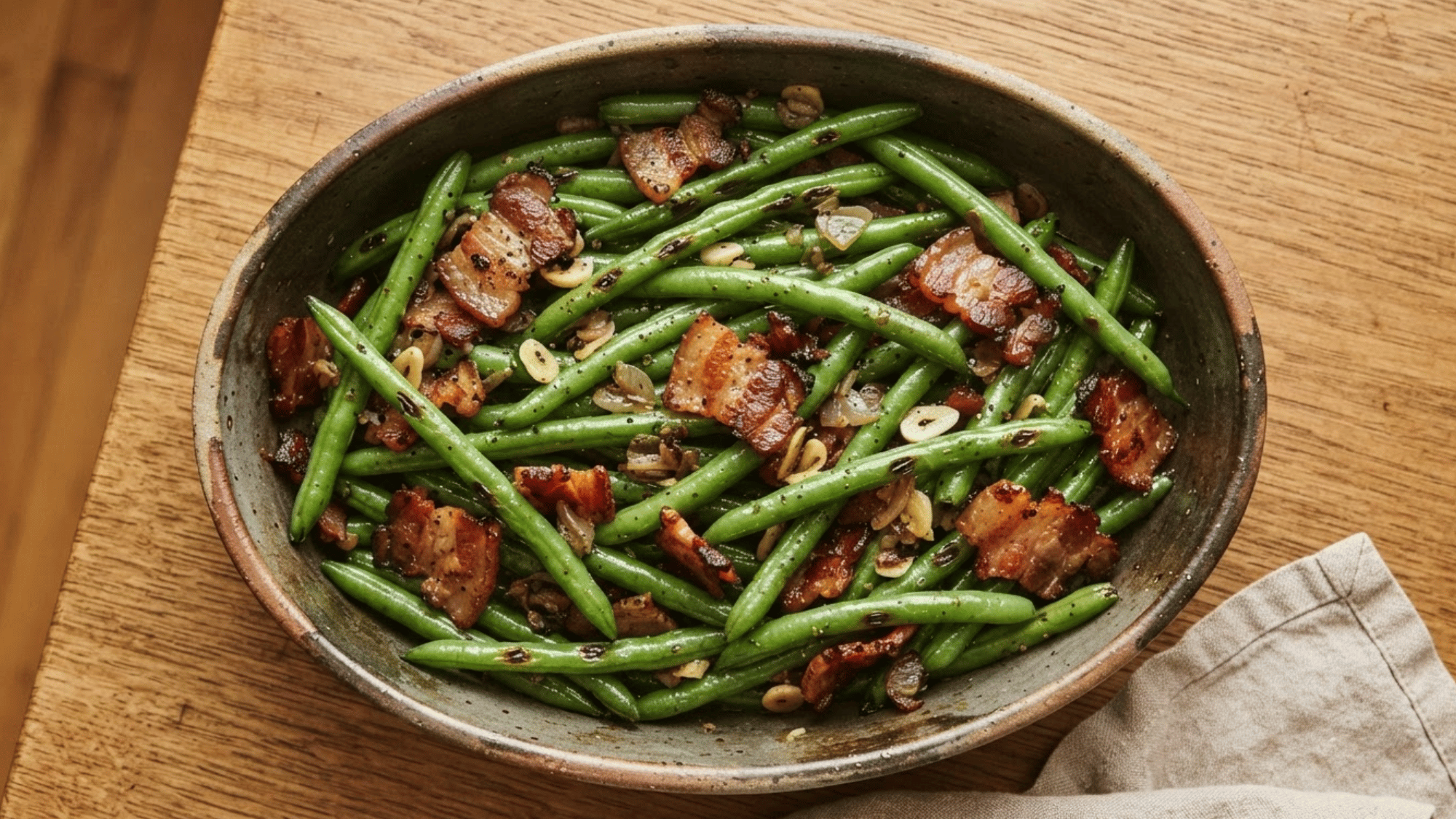 green beans cooked with crispy bacon garlic and seasoning for a savory low carb keto side dish