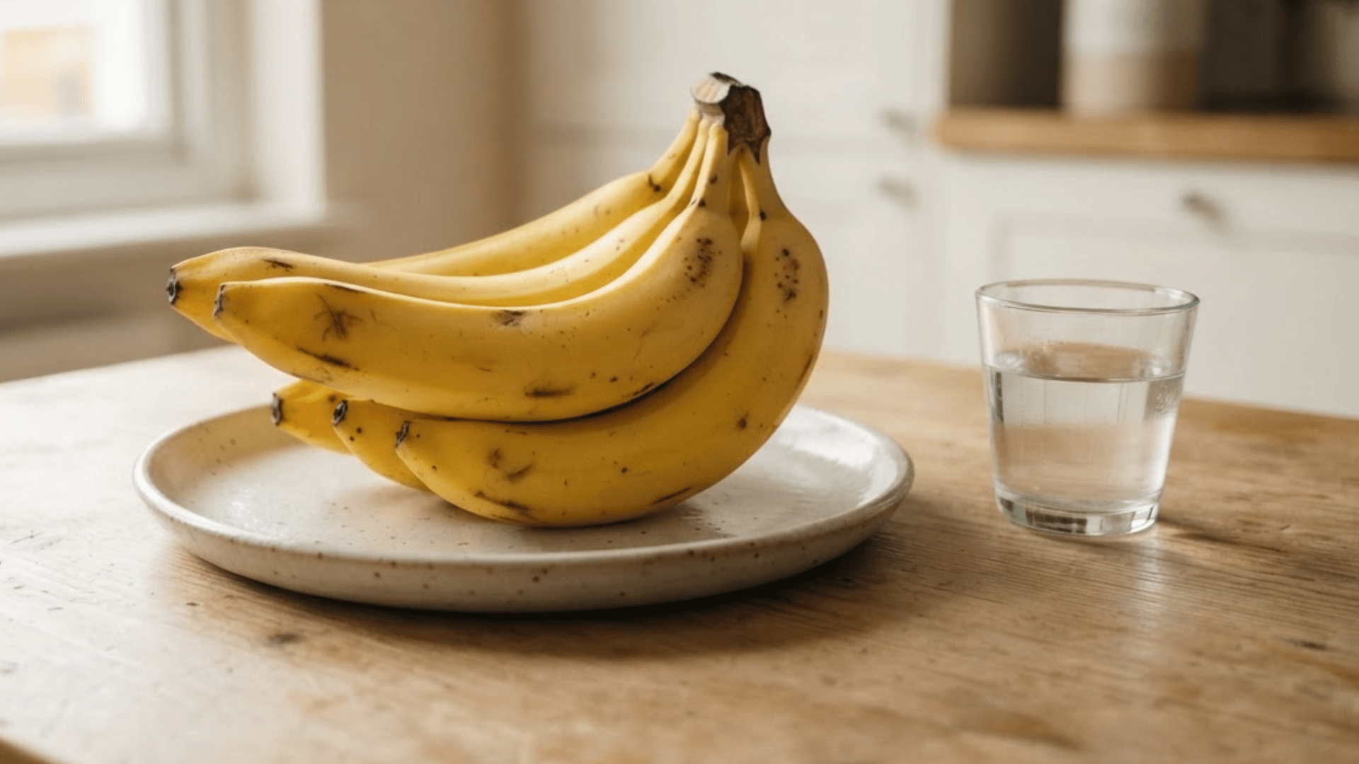 ripe bananas on a ceramic plate beside a glass of water on a wooden kitchen table