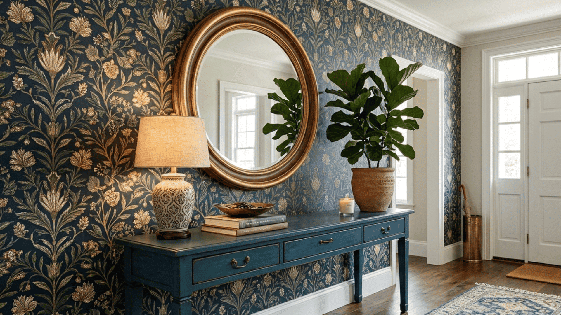 bold entryway with patterned wallpaper mirror and colorful console