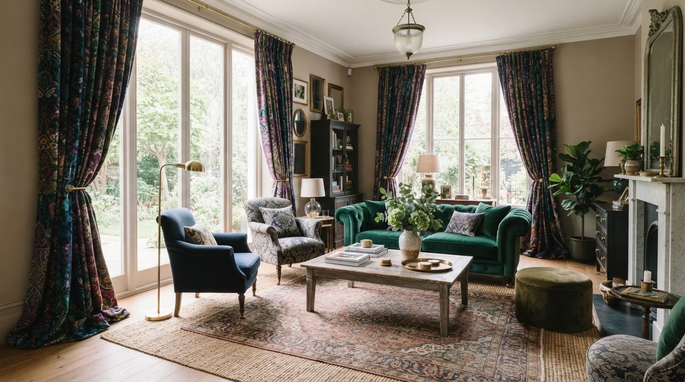 living room with bold patterned curtains and layered decor