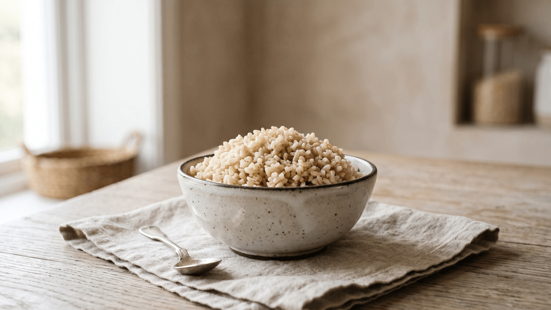 cooked brown rice served in a bowl as a whole grain food that can be too high in carbs for keto diets