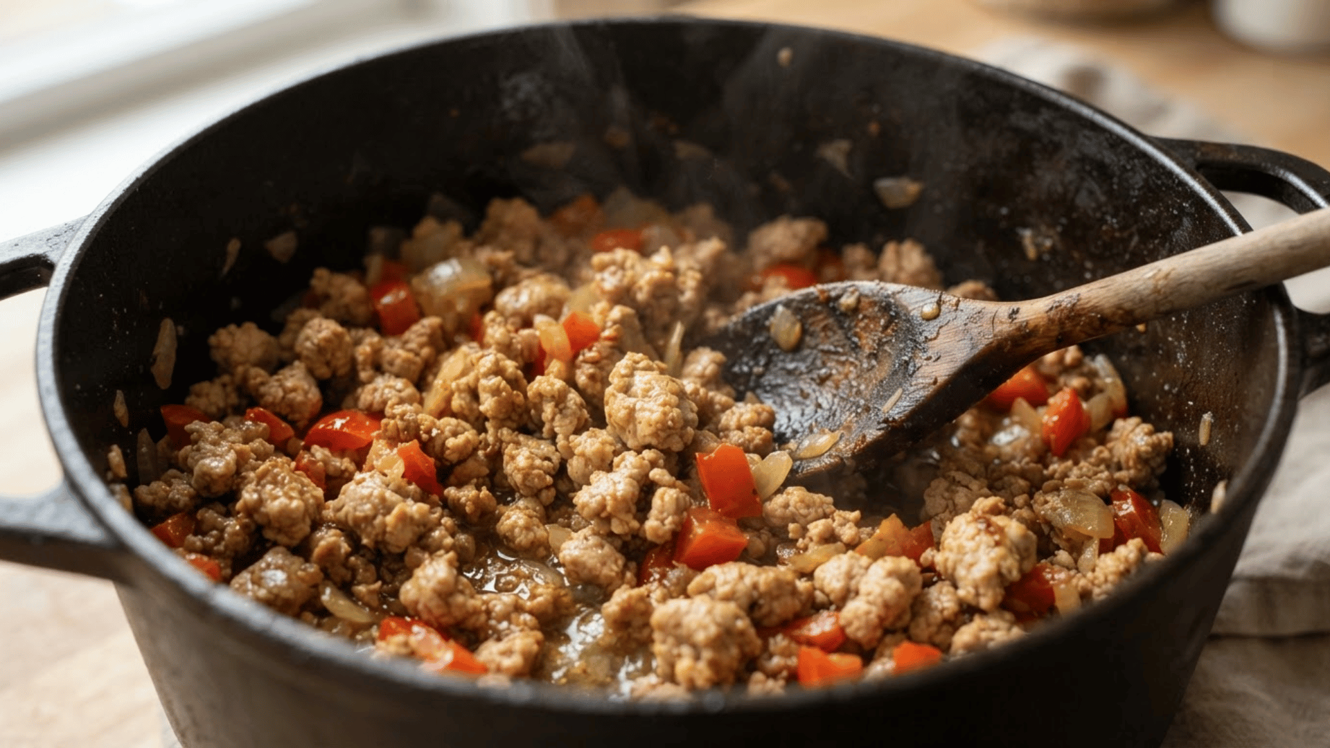 ground turkey browning with softened onion and red bell pepper in a dutch oven
